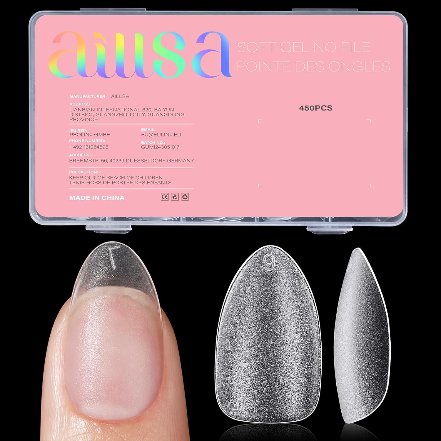 AILLSA short almond gel nail tips 450pcs set in a clear organized size box