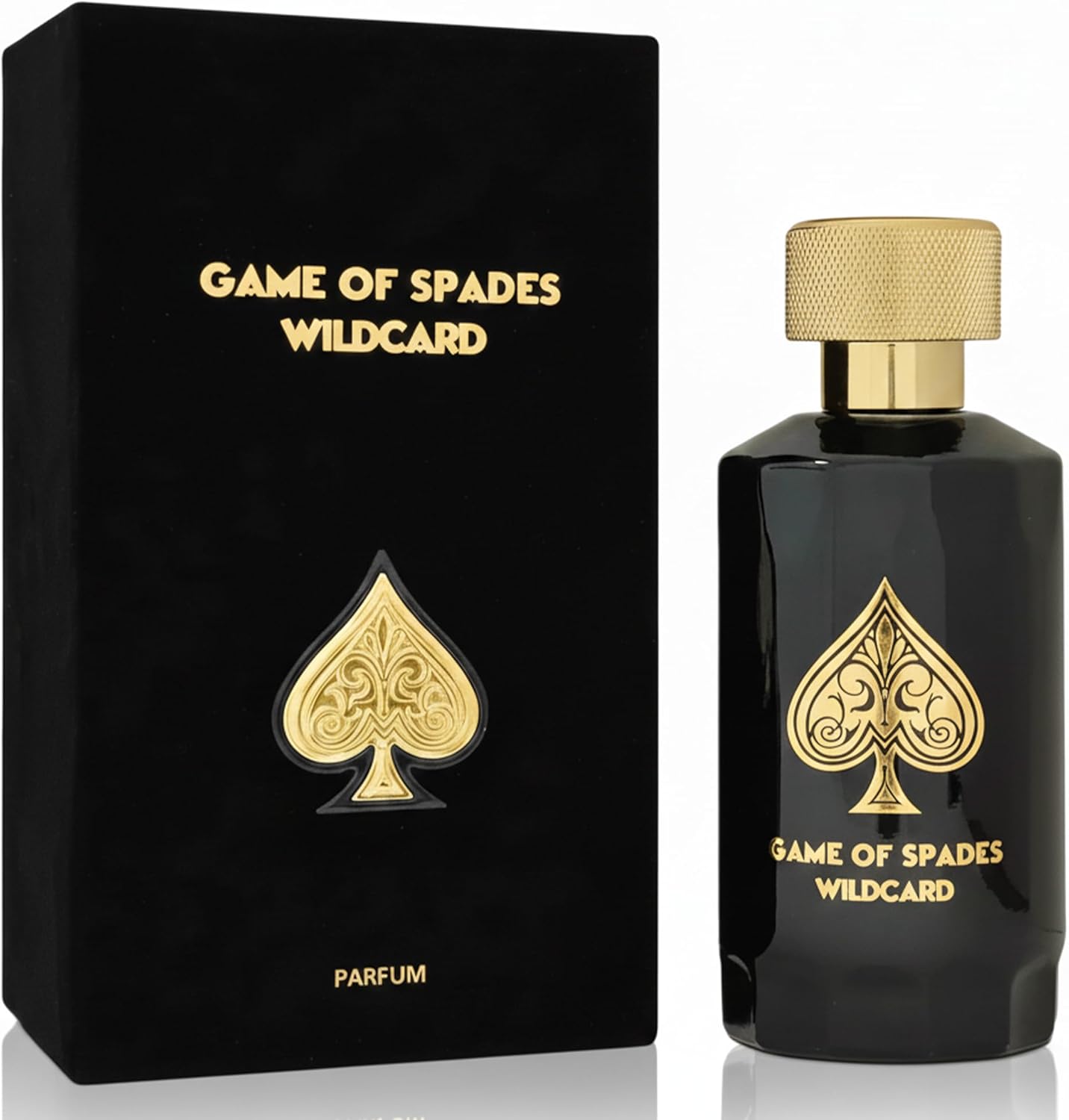Jo Milano Game of Spades Wildcard Parfum Spray 3.4 Ounce front view of the premium black bottle with gold spade logo.