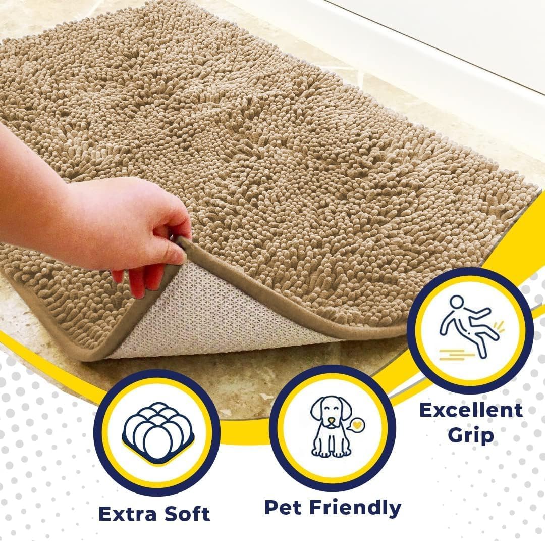 Plush microfiber chenille indoor rug showing thick water absorbent pile weave