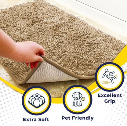 Plush microfiber chenille indoor rug showing thick water absorbent pile weave
