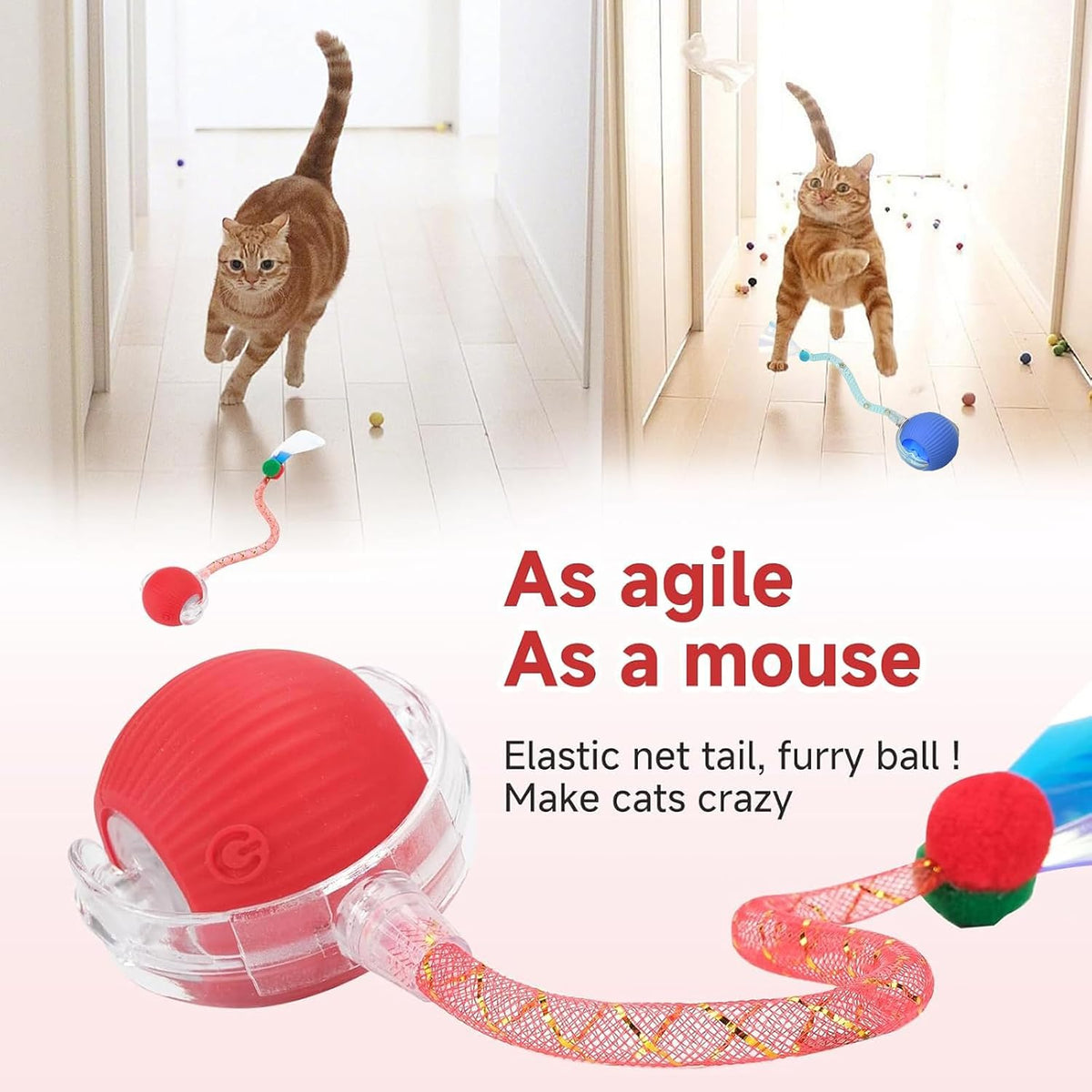 Two Tchernt smart rolling cat toys with tails