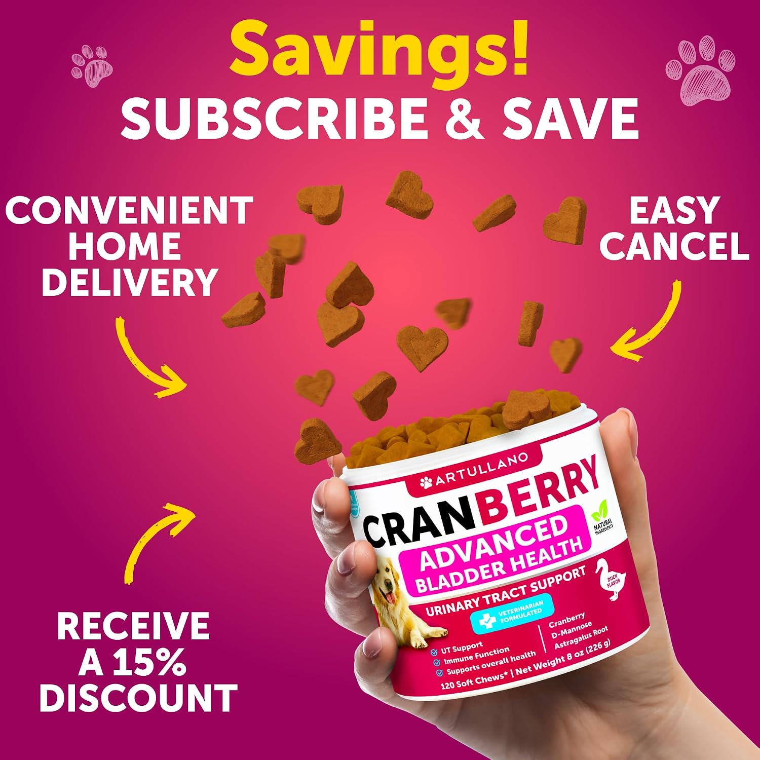 Artullano natural pumpkin and astragalus root infused dog bladder wellness supplements.