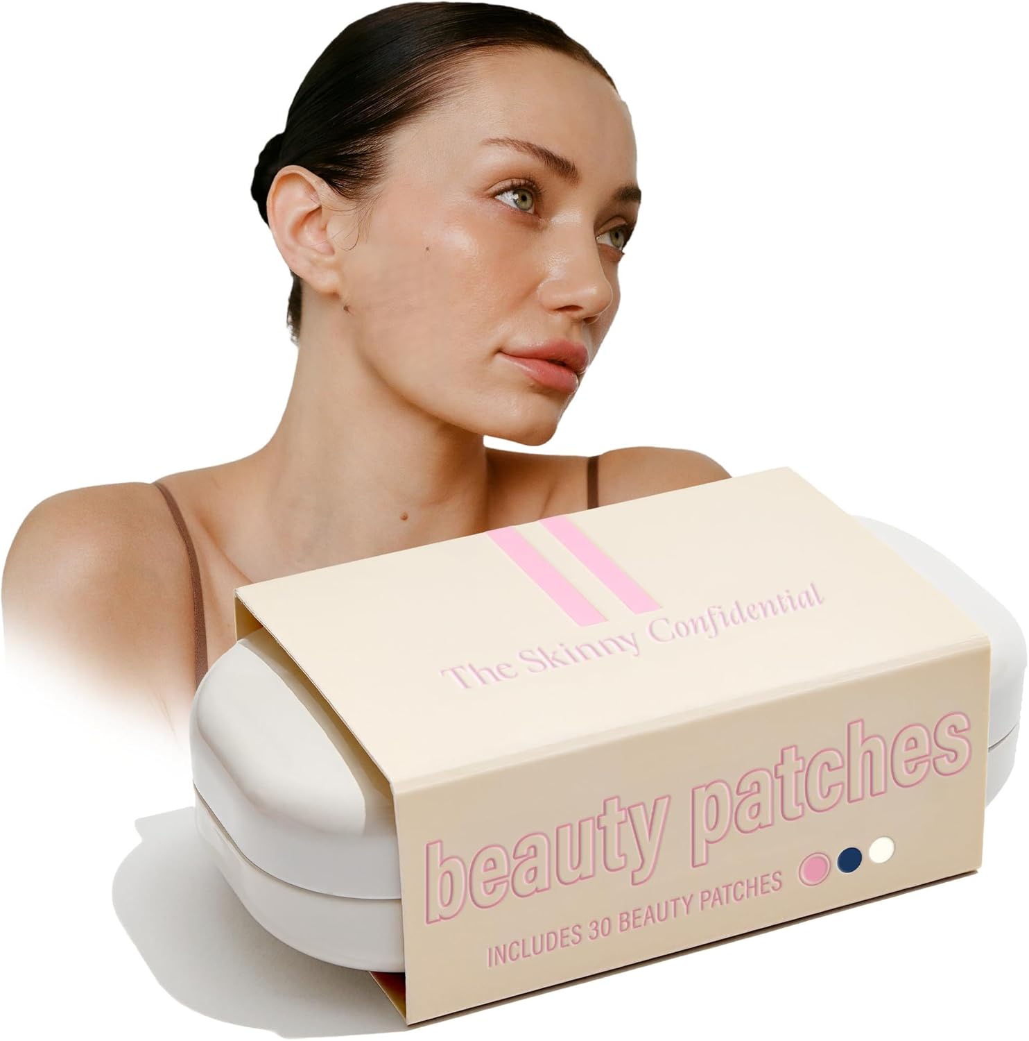 The Skinny Confidential Beauty Patches front view of the white storage case.
