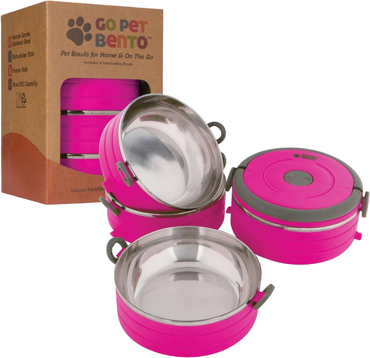 Healthy Human Travel Pet Bento Bowls - Leak Proof, Human-Grade Stainless Steel & BPA-Free, 3-Pack Water & Food Container Set, Clips & Handle (Pink) - Image 14