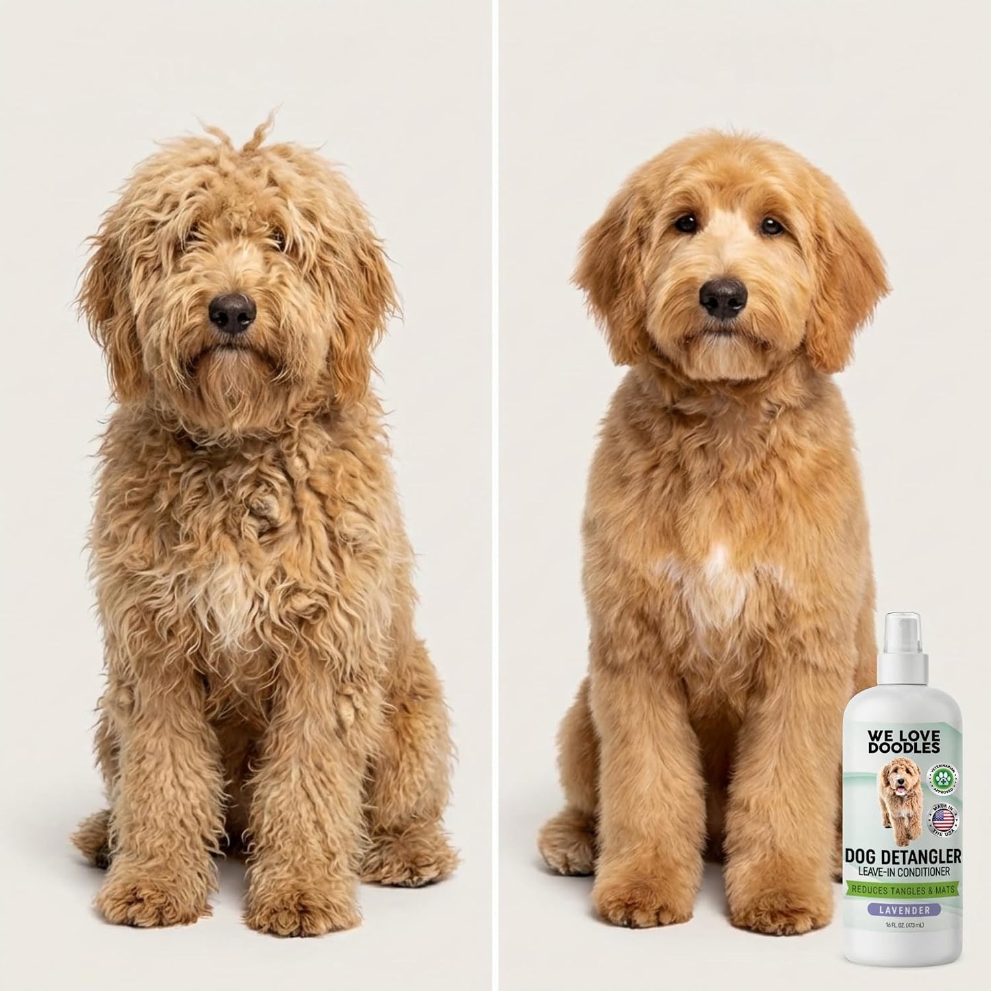 Alcohol free lavender scented dog detangling spray for doodles and poodles.