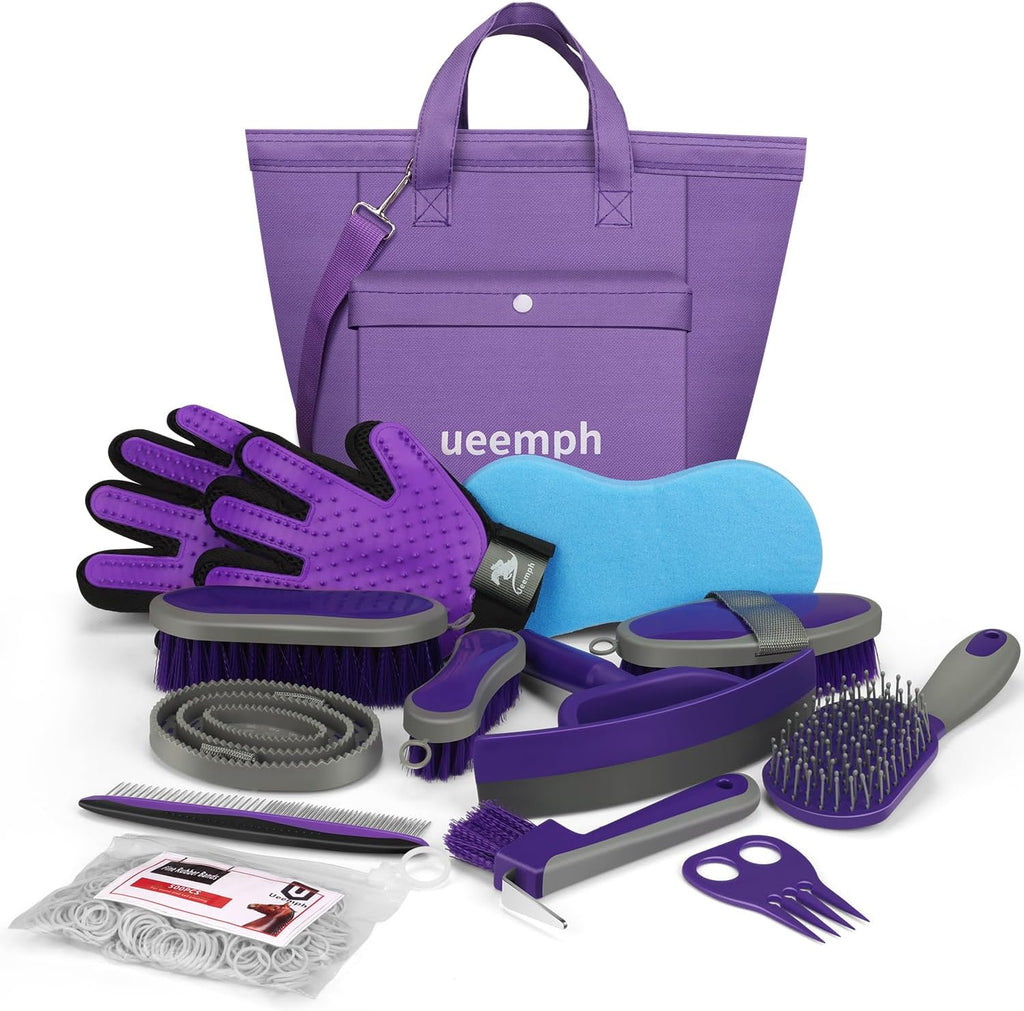 Ueemph 12-piece purple horse grooming kit with storage bag front view