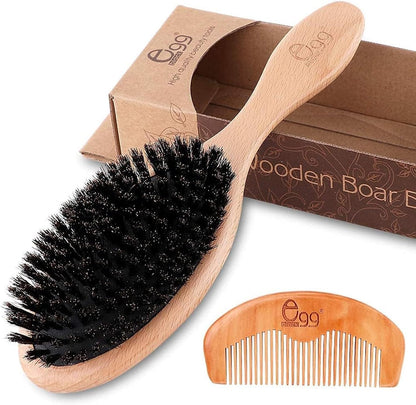 Black Egg boar bristle hair brush and wooden comb set