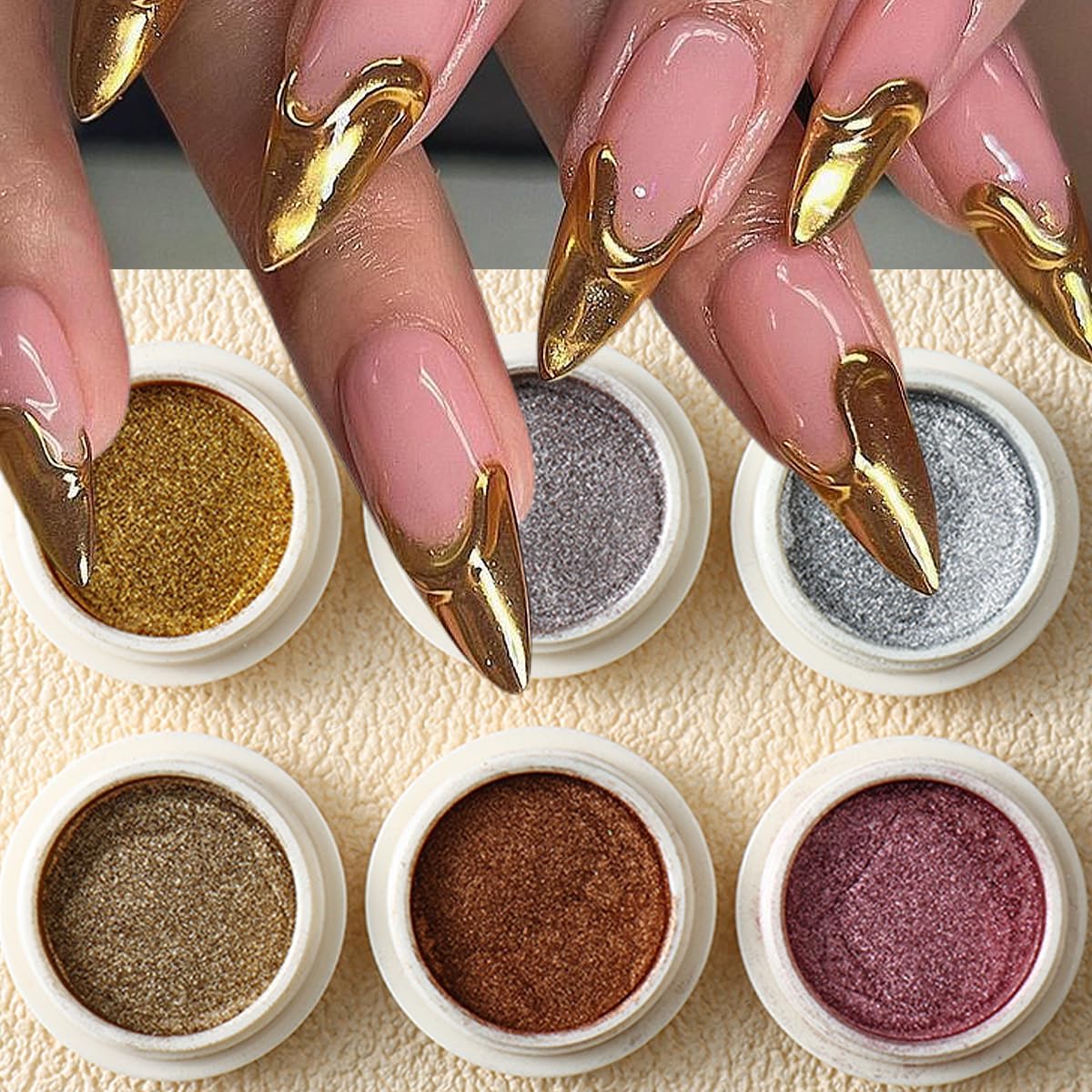 Sutozmiwe 6 piece chrome nail powder set front view