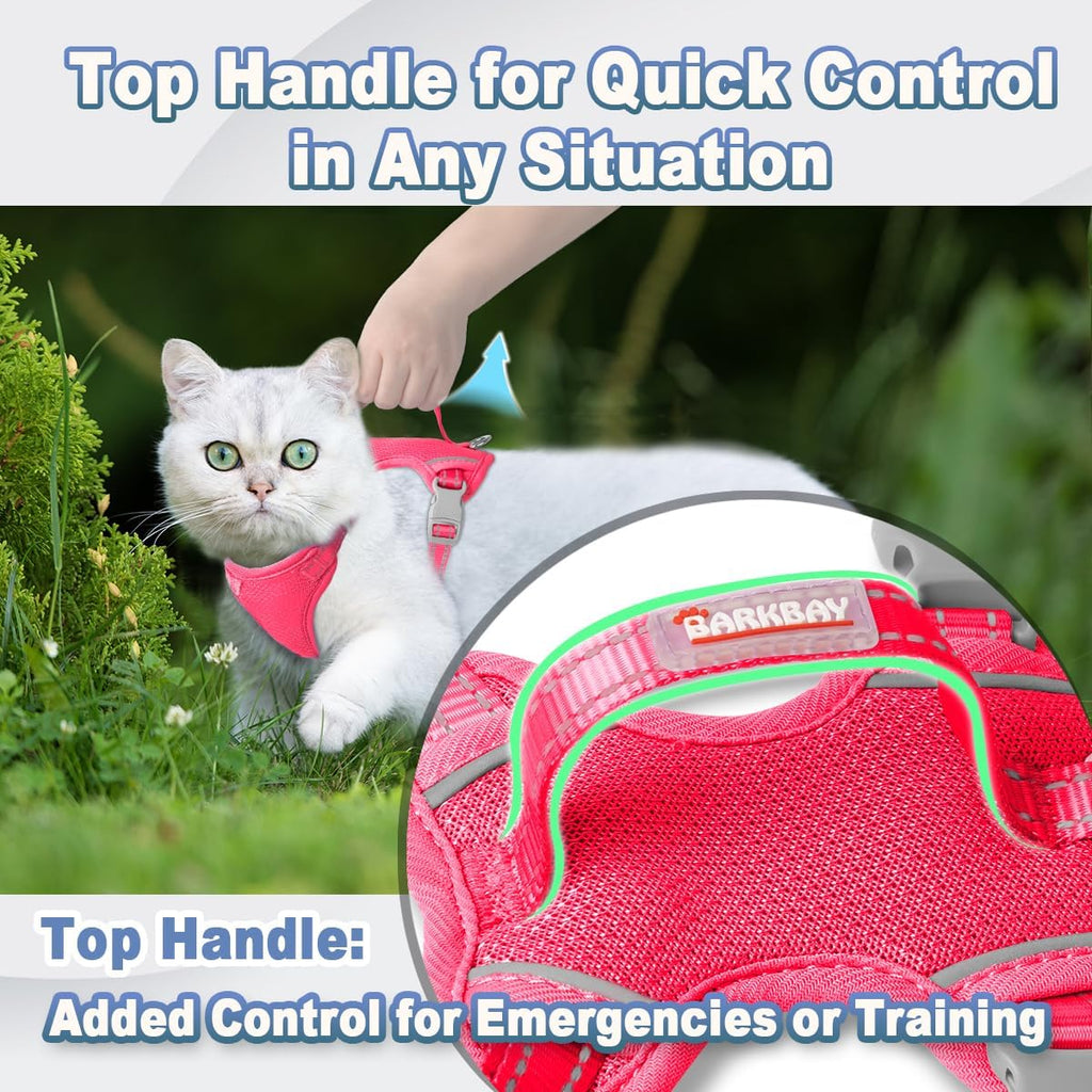 Adjustable pink mesh cat harness with leash set top handle view