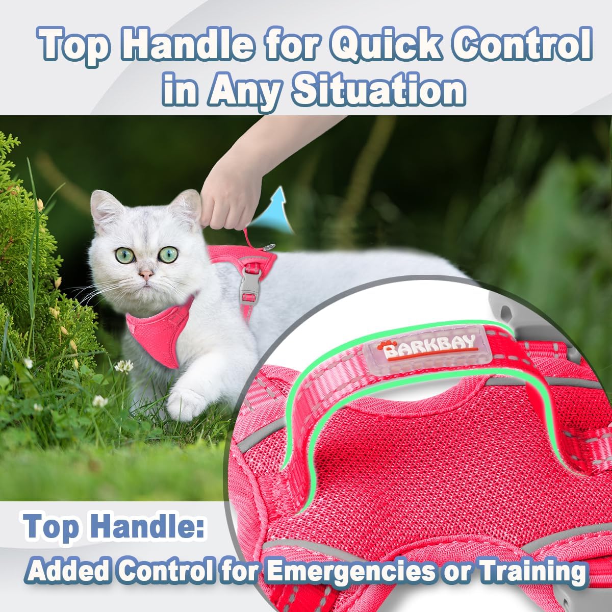Adjustable pink mesh cat harness with leash set top handle view