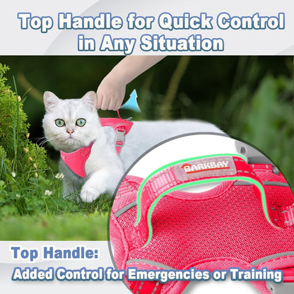 Adjustable pink mesh cat harness with leash set top handle view