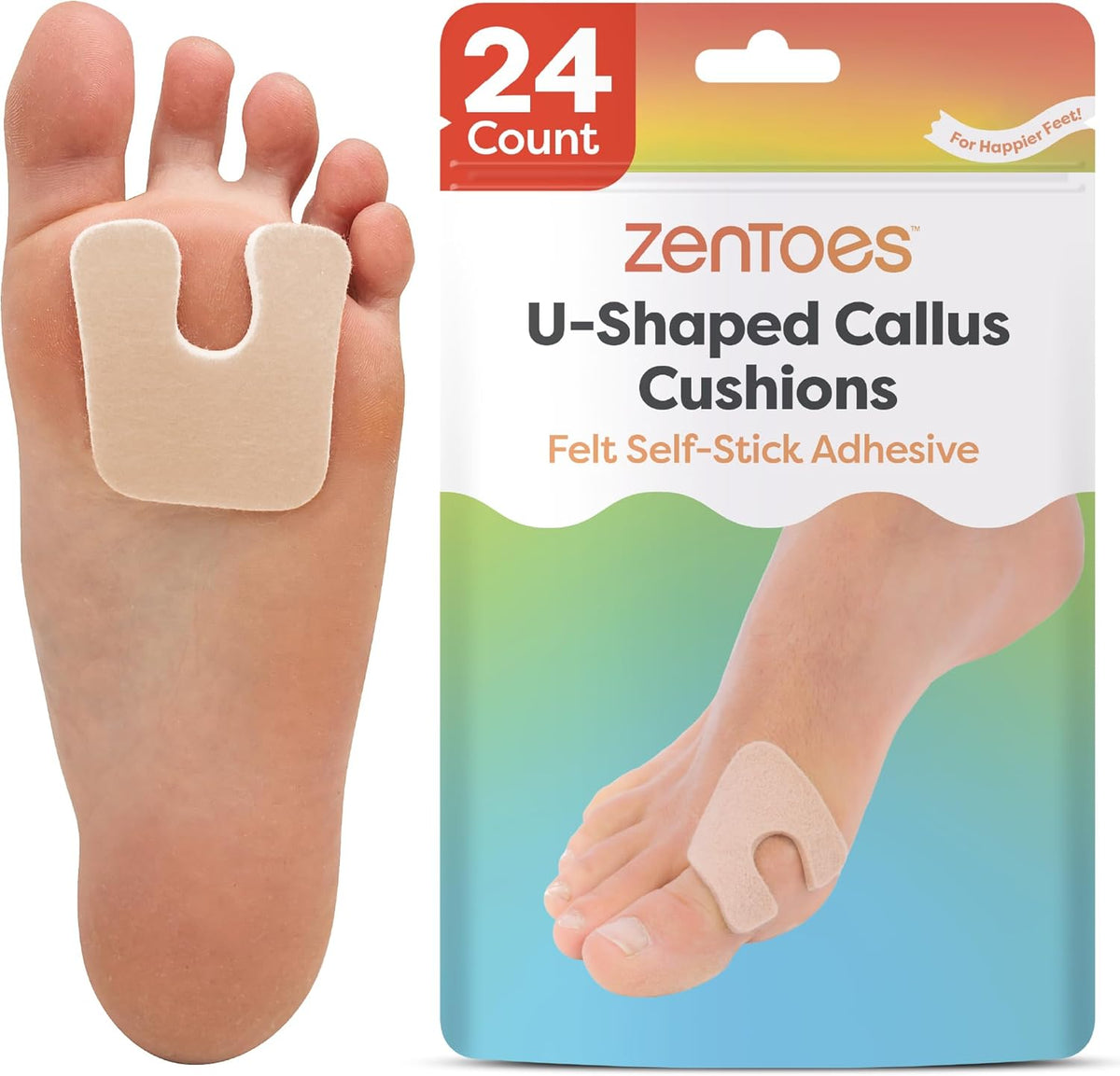 ZenToes U-Shaped Felt Callus Pads front view showing 24 pack packaging.