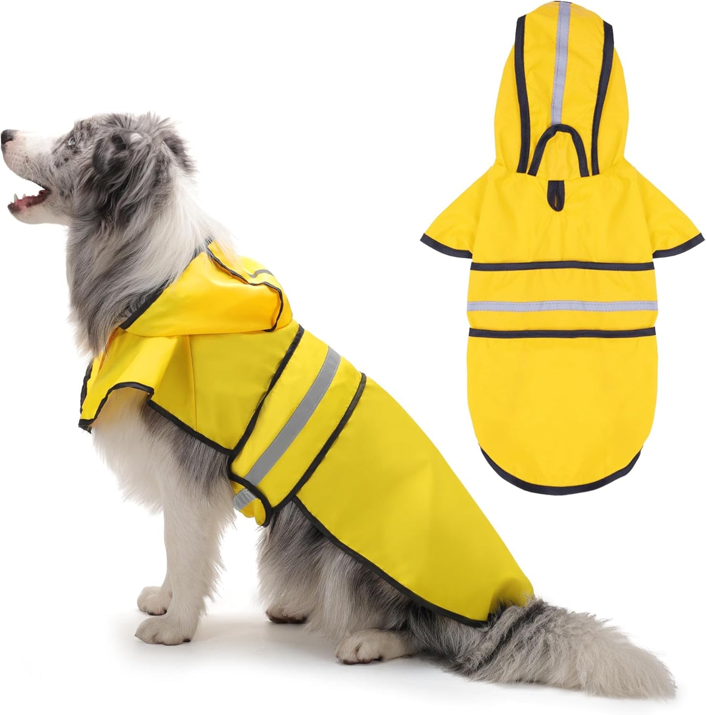 Paiaite hooded slicker poncho with reflective stripes for dog safety.