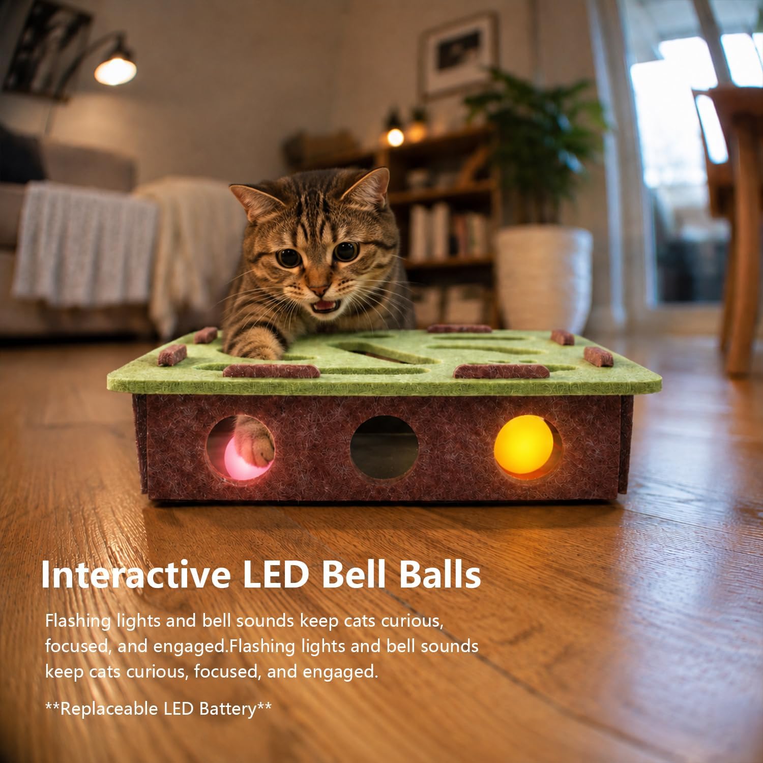 Interactive cat treat puzzle toy featuring LED flashing bell balls inside.