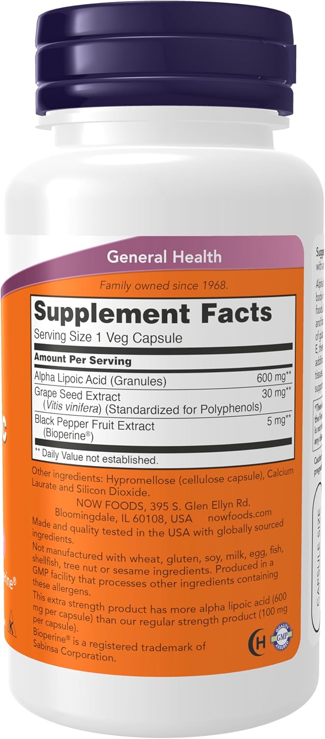 Side angle view of NOW Foods ALA 600 mg packaging highlighting non-GMO and vegetarian product certifications.