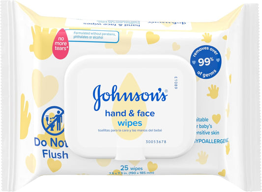 Johnson's Baby Disposable Hand & Face Cleansing Wipes, Pre-Moistened Wipes Gently Remove 99% of Germs & Dirt from Delicate Skin, Paraben-, Phthalate- & Alcohol-Free, Hypoallergenic, 25 Count - Image 1