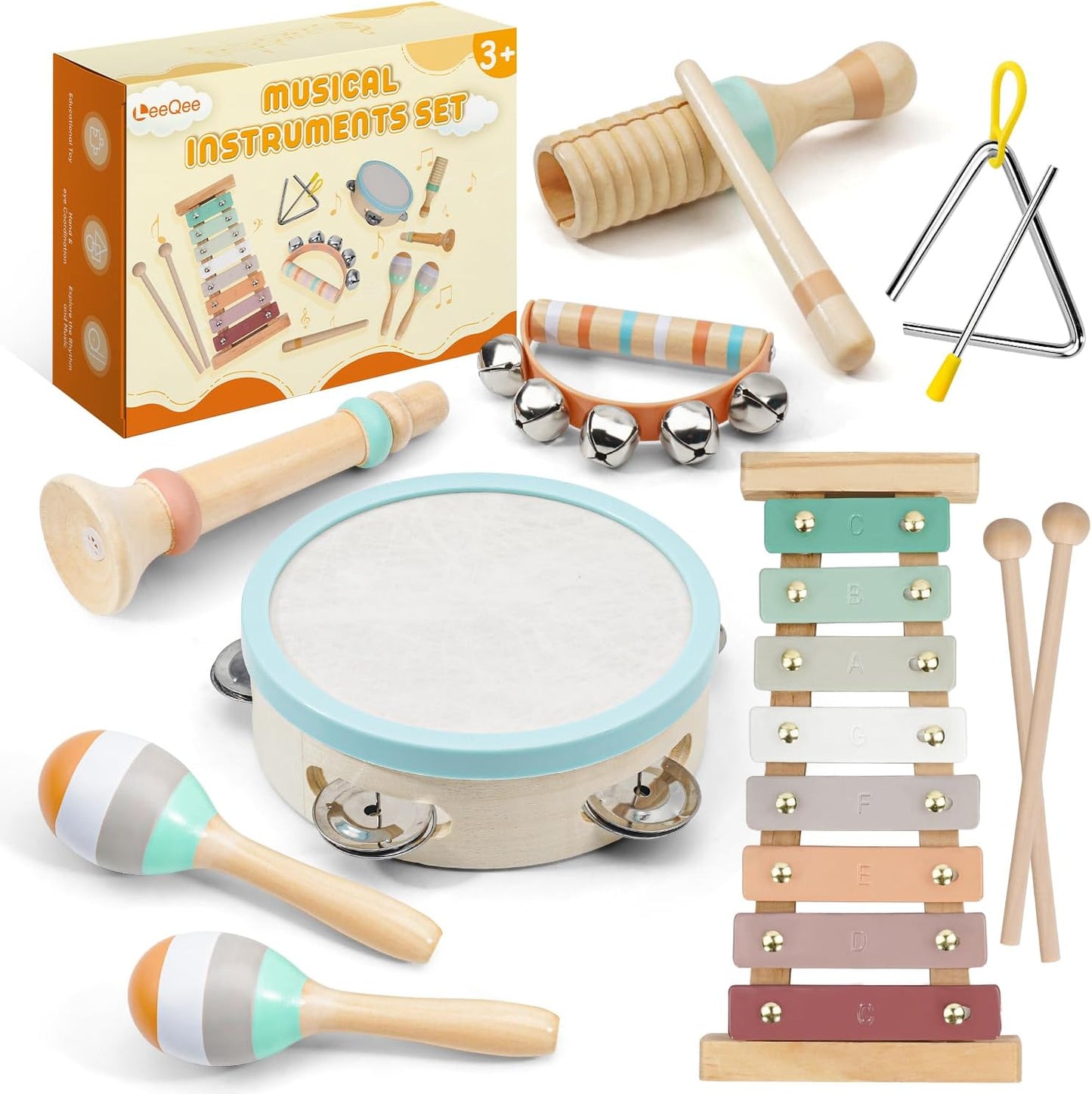 LeeQee Montessori wooden musical instruments toy set front view for early music education.