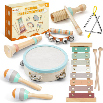 LeeQee Montessori wooden musical instruments toy set front view for early music education.