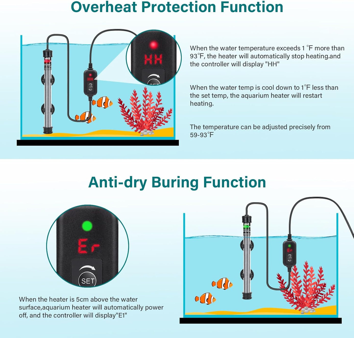 Hygger quartz glass fish tank heater showing suction cup mount