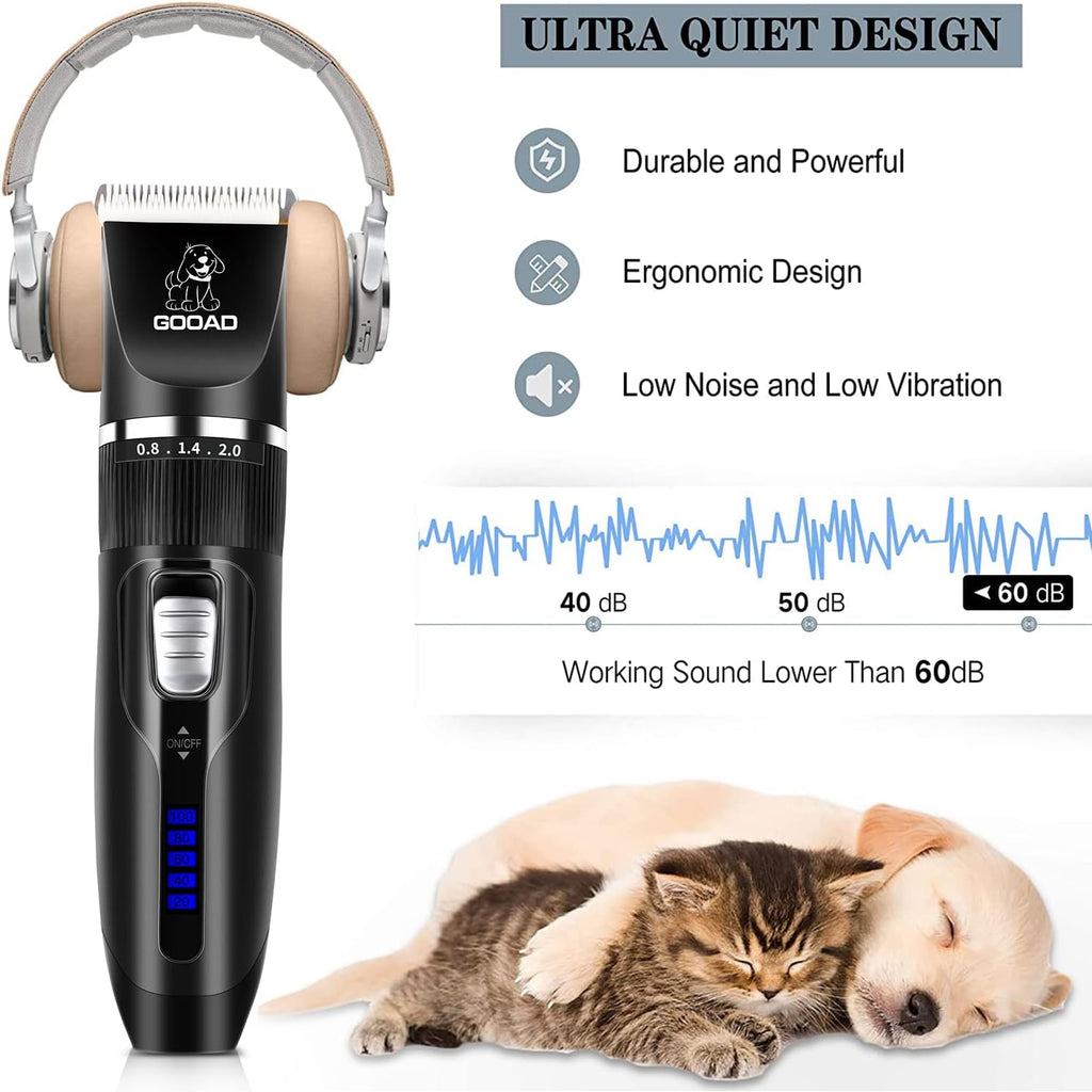 Close up view of the Cakapet quiet pet shaver demonstrating the low noise motor technology