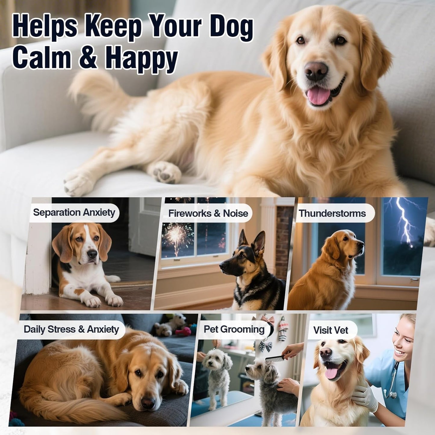 Back label of VUN dog anxiety treats detailing natural ingredients like chamomile.