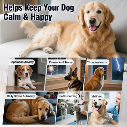 Back label of VUN dog anxiety treats detailing natural ingredients like chamomile.