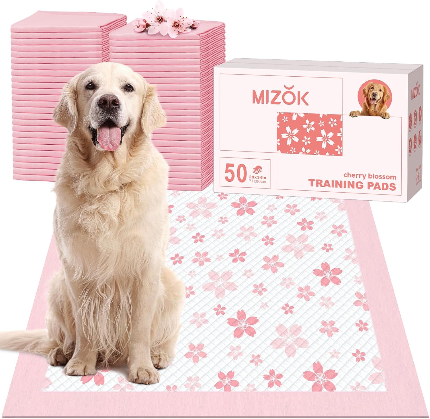 MIZOK Puppy Pads Pink 22x22in, Quick-Dry Puppy Training Pads with Pheromone Attractant, Decorative Cherry Blossom 6-Layer Heavy Duty Leak-Proof Pet Pads, Disposable (50 Count) - Image 15