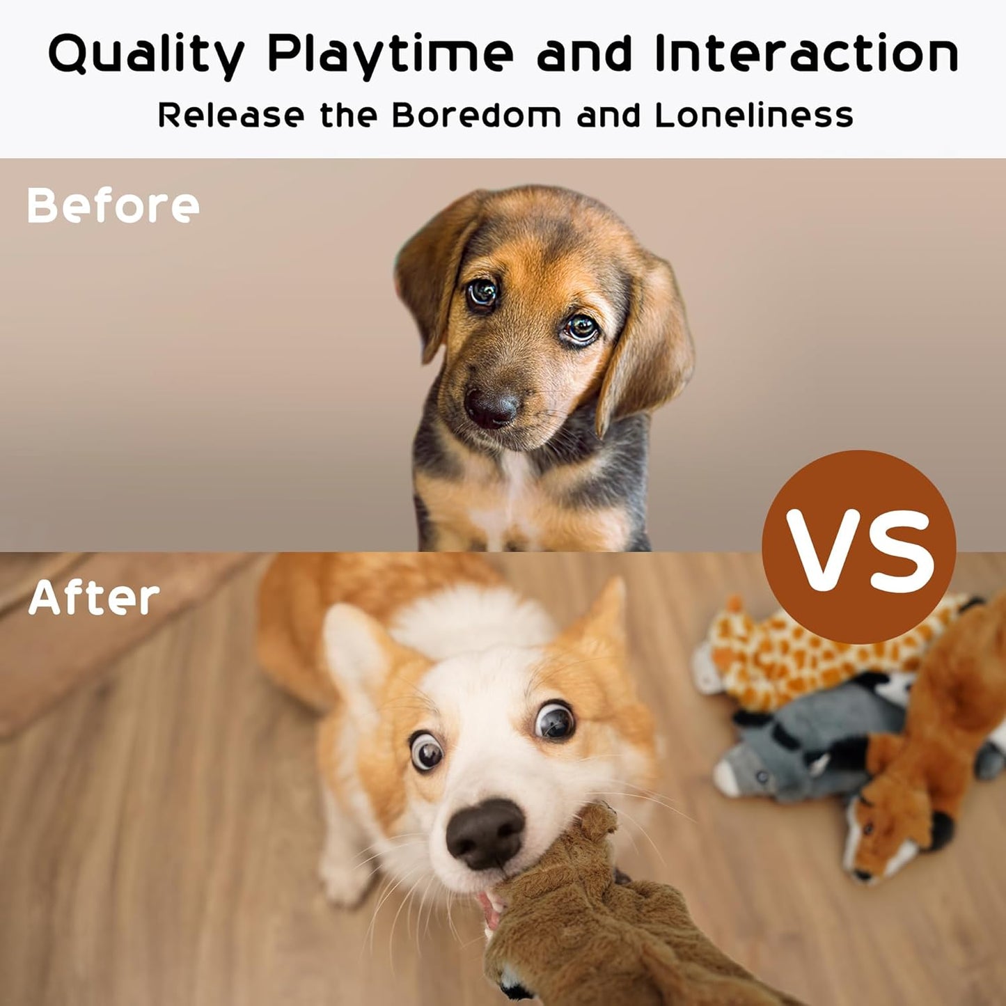 Nocciola stuffing free plush dog toys spread out on the floor.