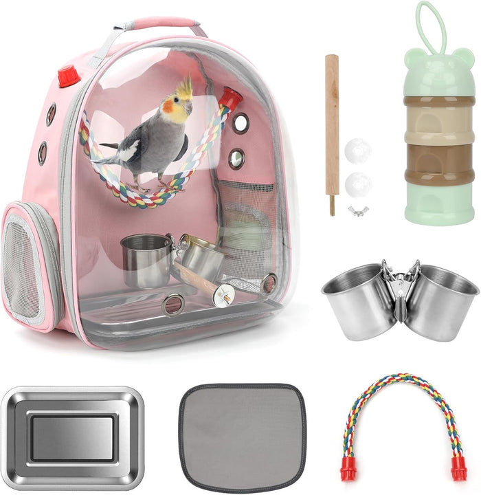 Rypet bird carrier backpack front view with pink bubble window