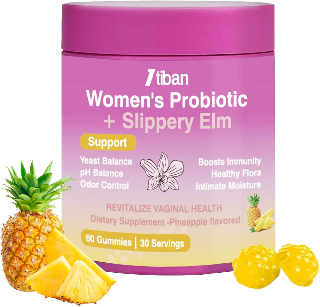 Feminine Vaginal Probiotics Gummies, Supports pH Balance & Digestive Health, Slippery Elm for Women, Suagr-Free, Veagn, Pineapple Flavor, 60 Count - Image 1