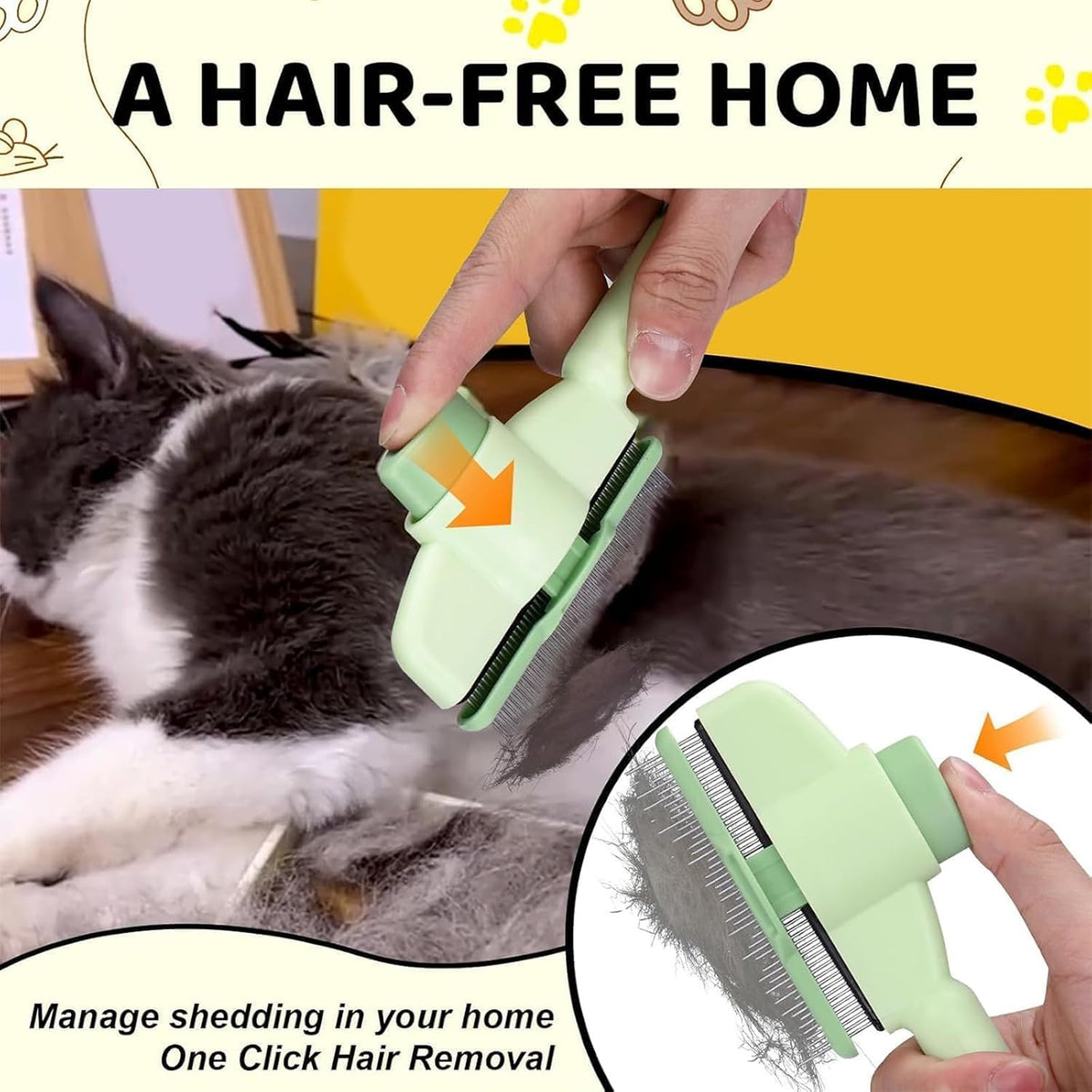 Pet hair removal comb demonstrating one click cleaning button