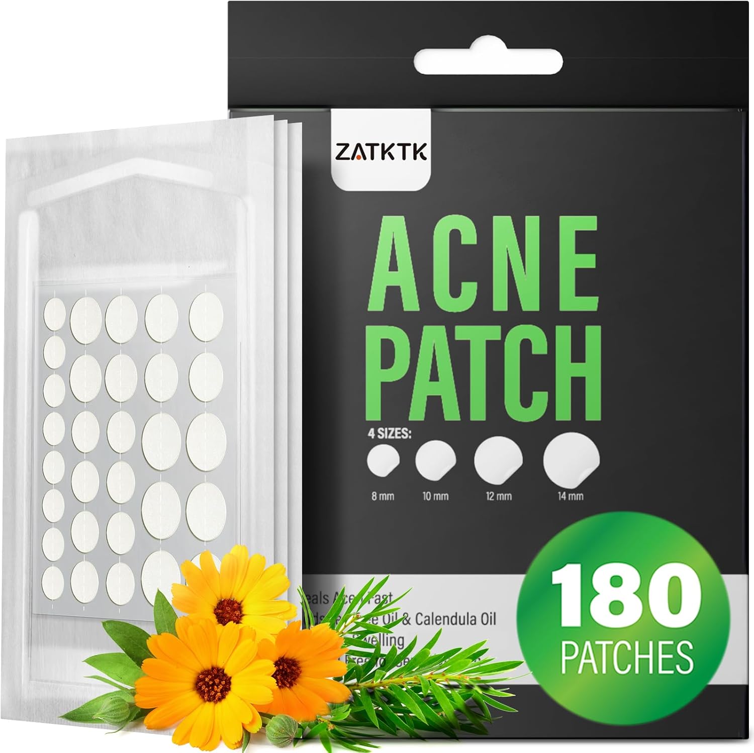 ZATKTK Hydrocolloid Acne Pimple Patch front packaging view displaying the 180 count pack details.