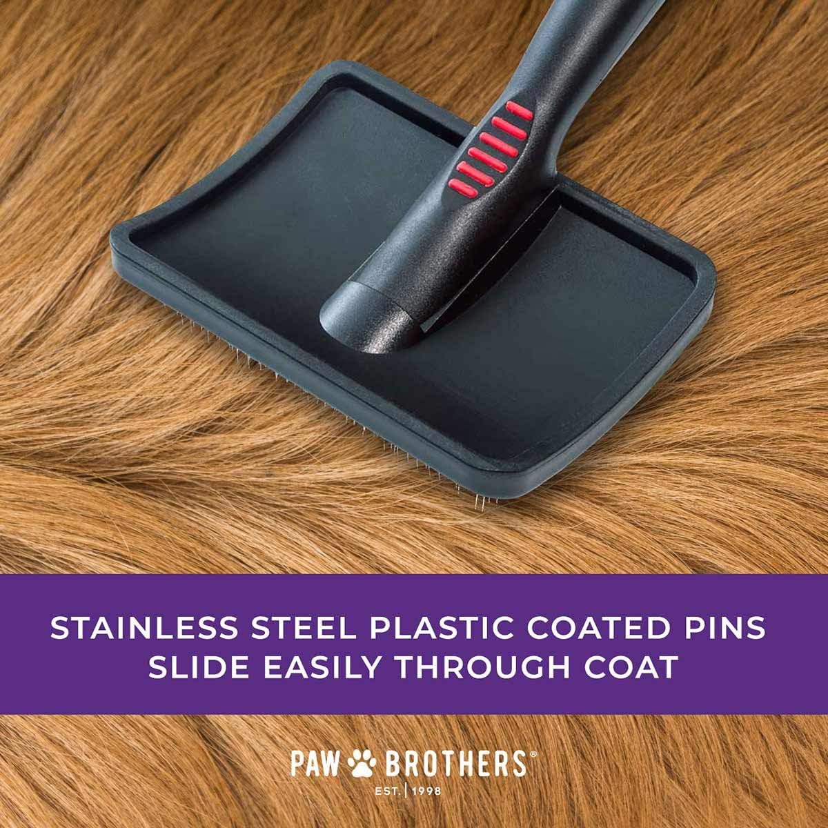 Curved brush head design of the authentic USA imported Paw Brothers professional slicker brush.