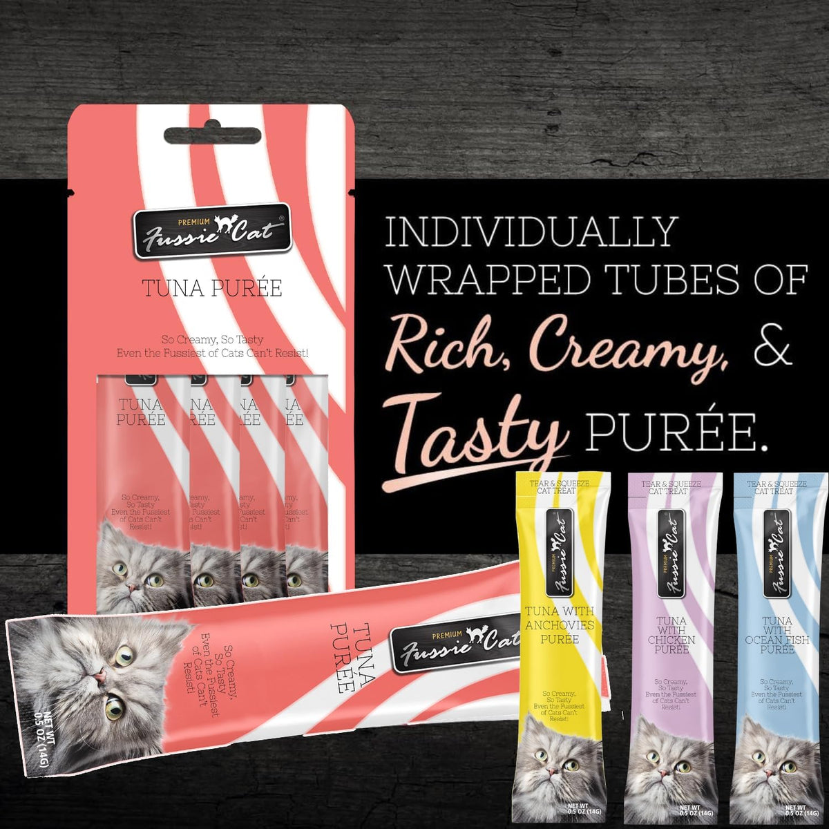Fussie Cat puree variety pack with 16 tubes and lid