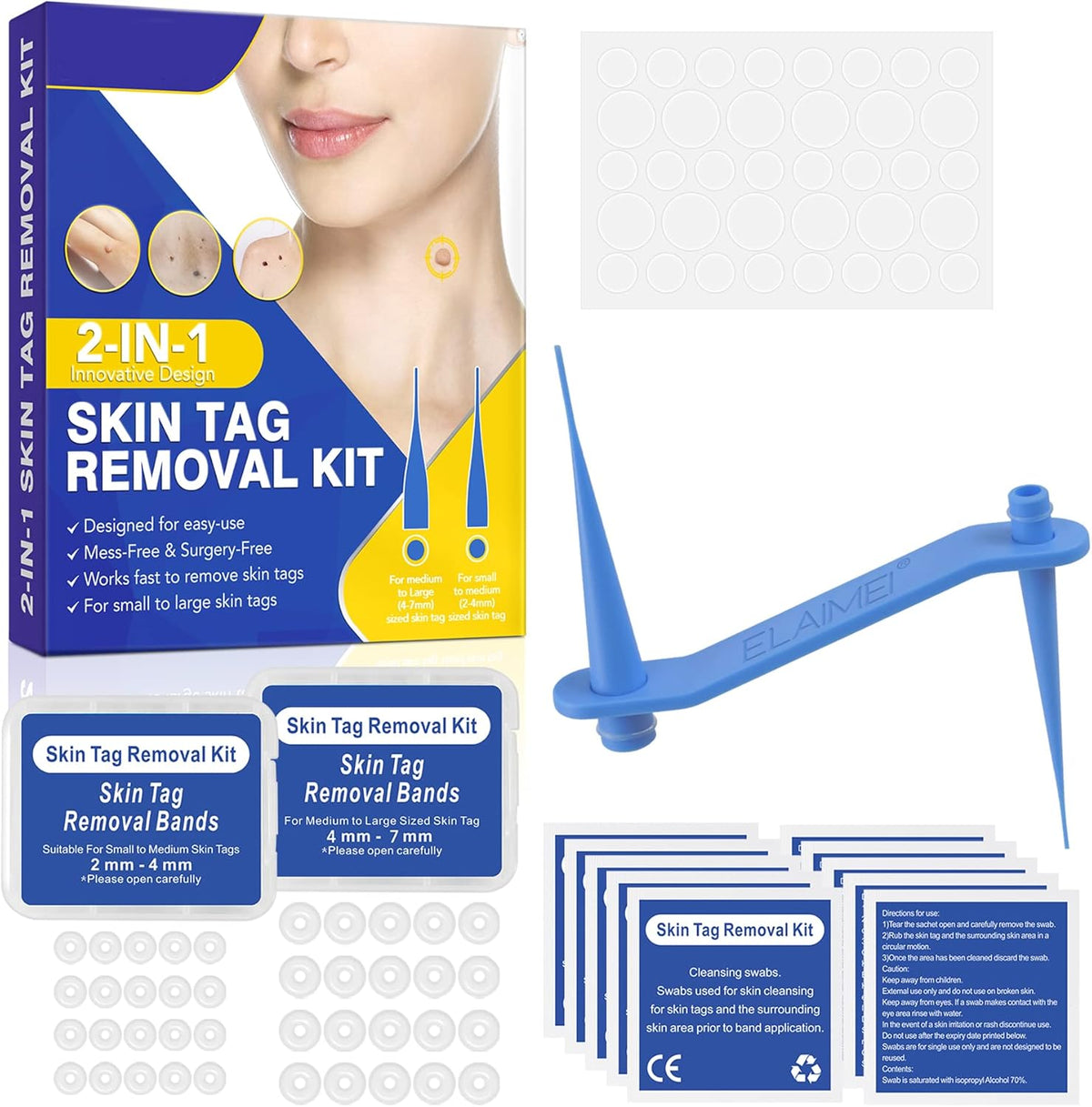 SHISUIZHE Skin Tag Remover Kit front view showing the 2-in-1 device and bands.