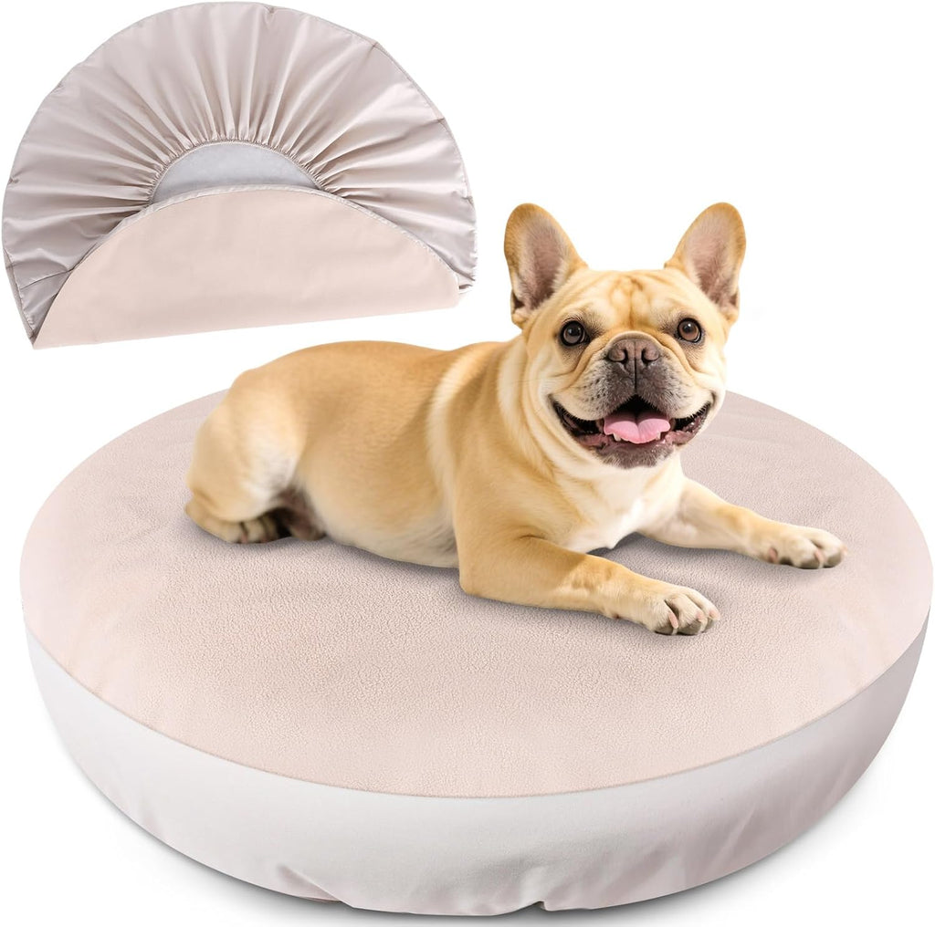 ALWZ-RDY waterproof round dog bed cover beige front view on donut mattress