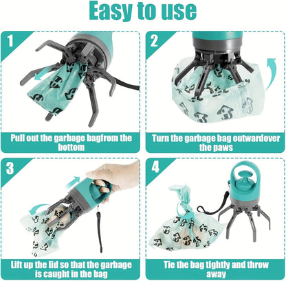 Handheld pet waste picker with built in bag dispenser for touch free cleanup.