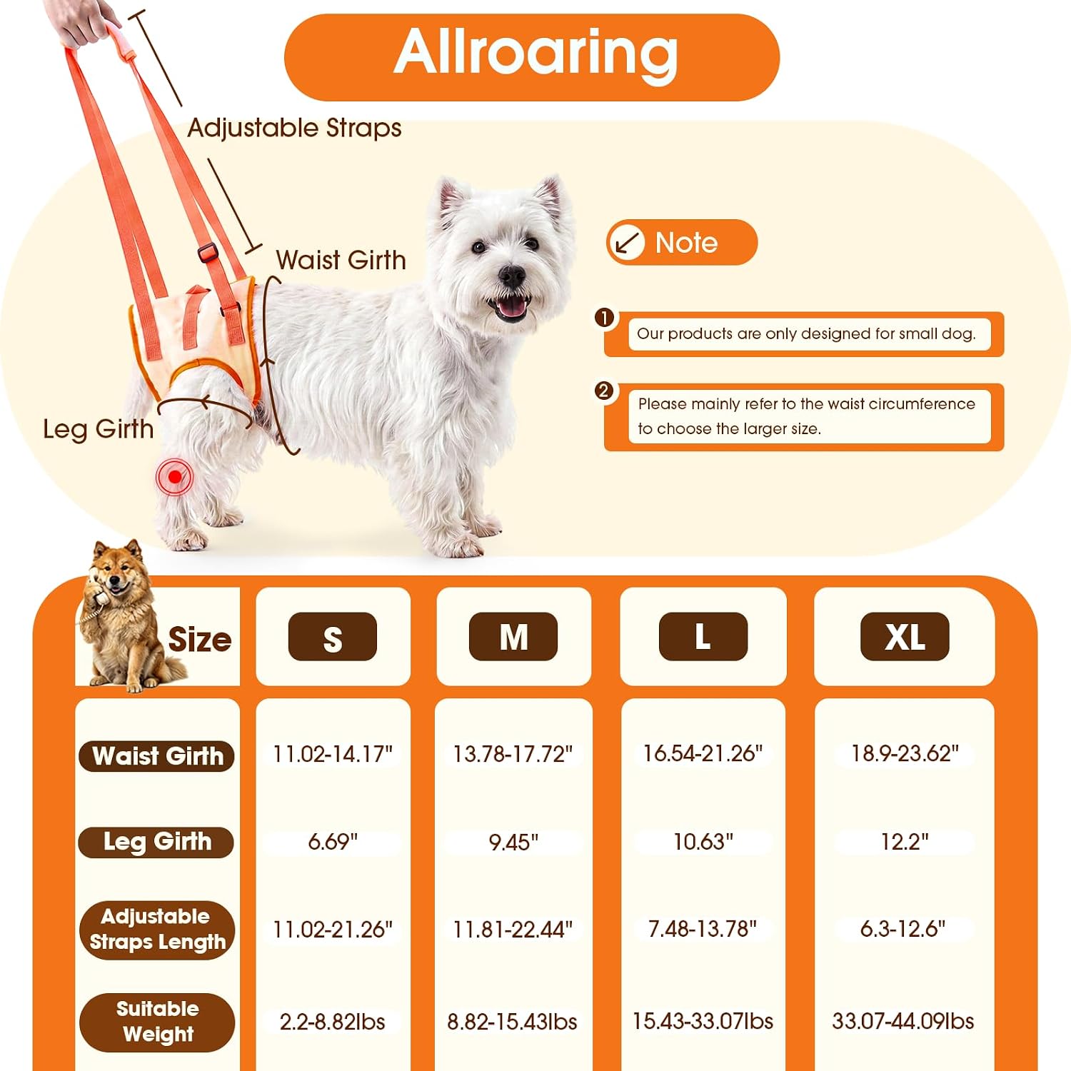 Adjustable straps on Allroaring dog support harness