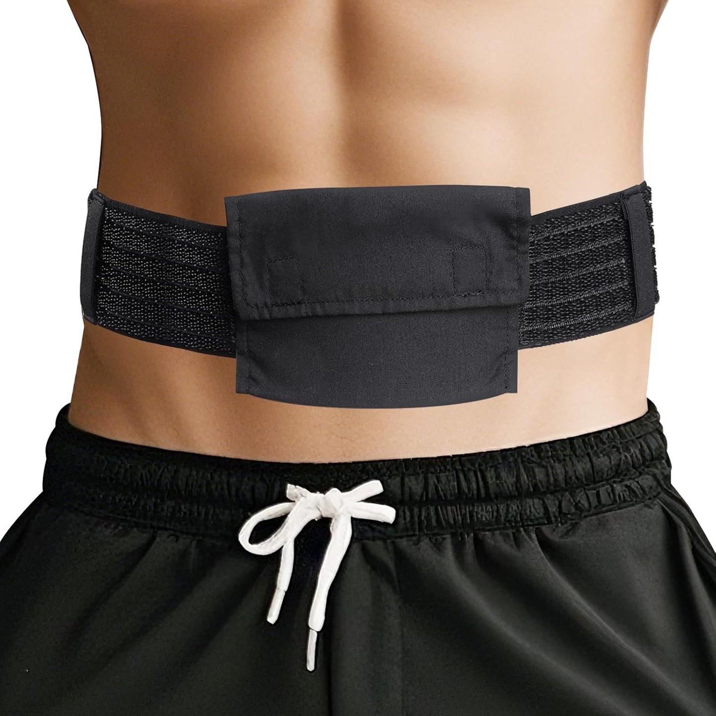ENLUNTRA peritoneal dialysis belt front view showing black breathable mesh band and tube pouch
