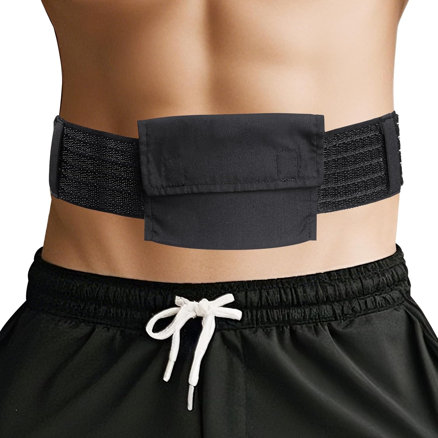 ENLUNTRA peritoneal dialysis belt front view showing black breathable mesh band and tube pouch