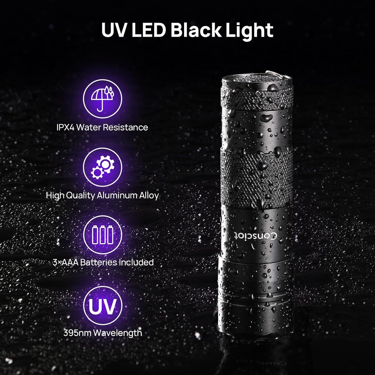 Consciot 395nm black light illuminating dry stains on carpet