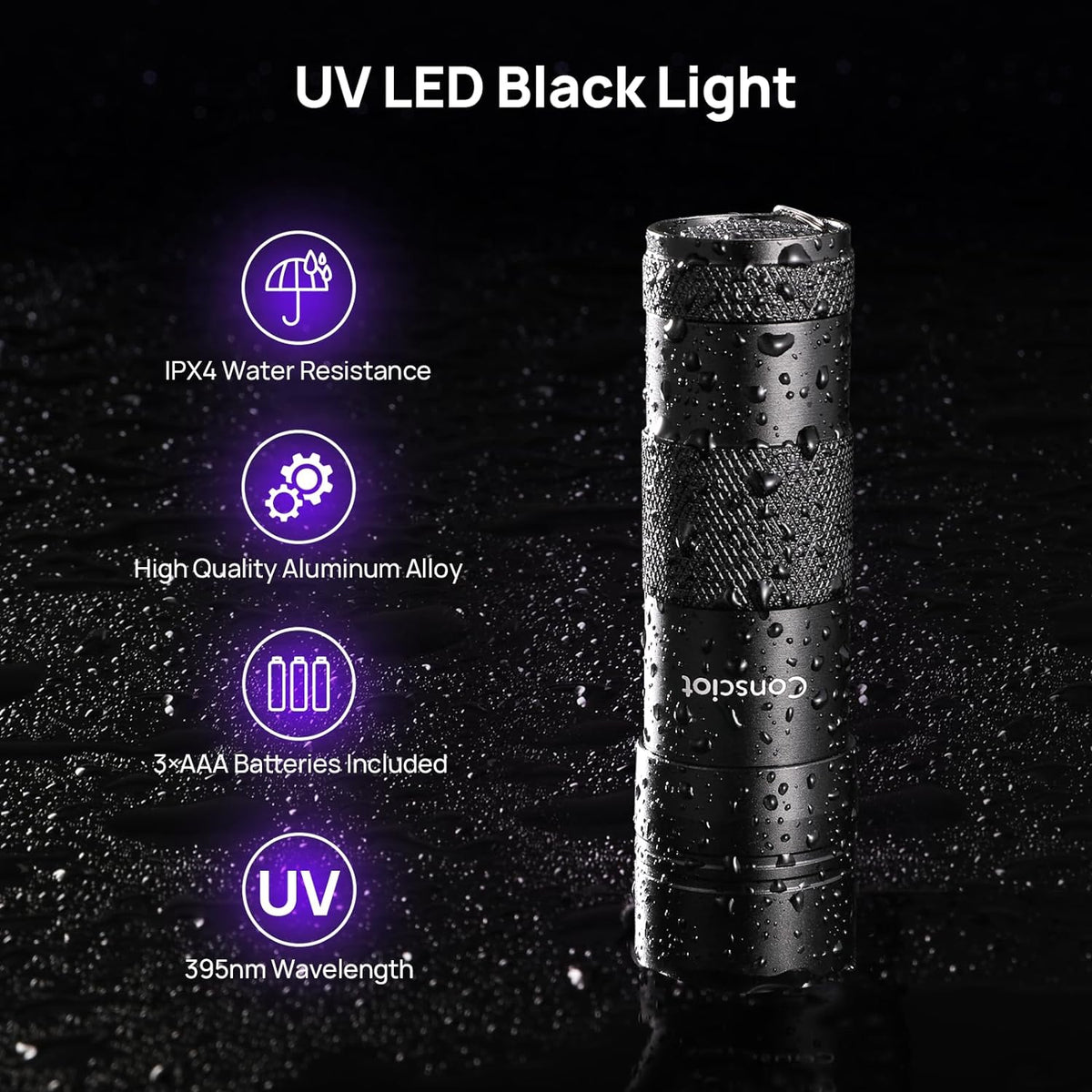 Consciot 395nm black light illuminating dry stains on carpet