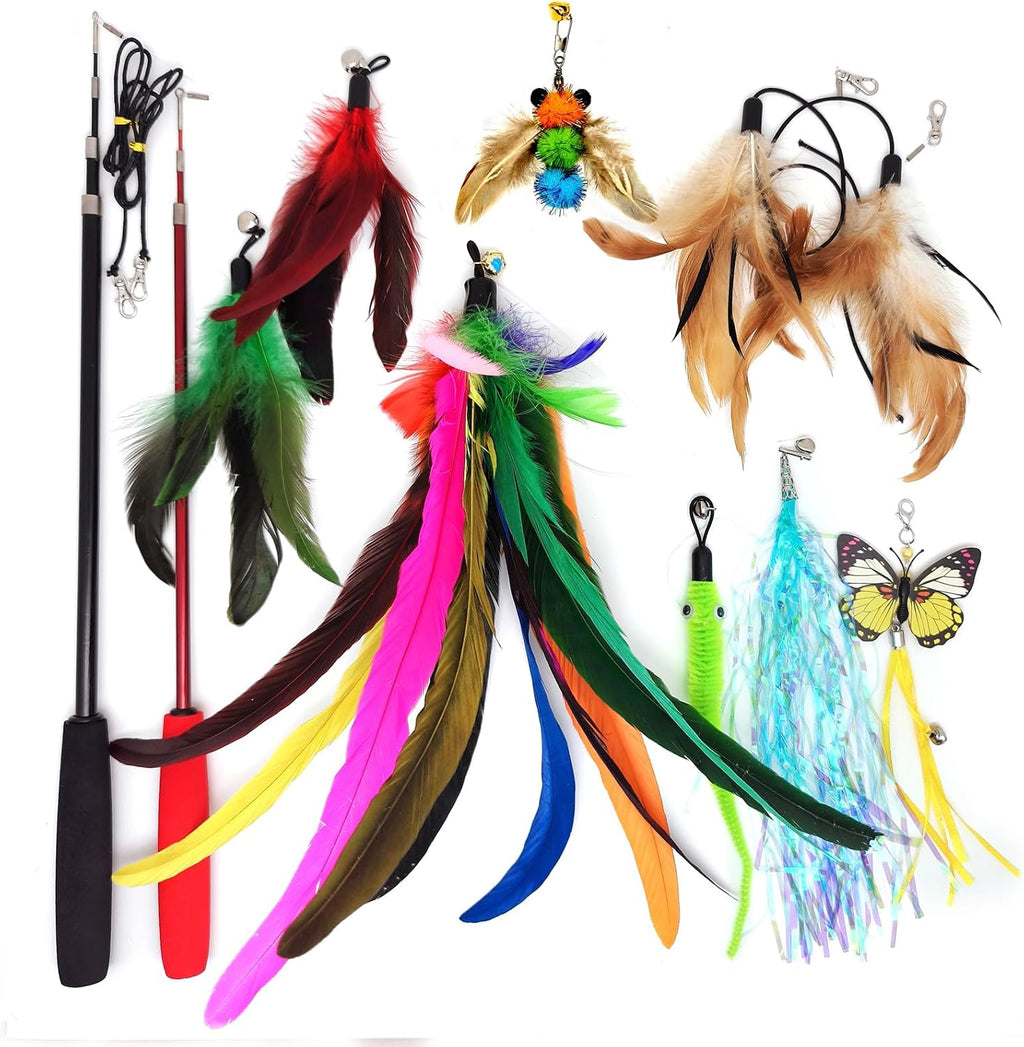 Complete eleven piece interactive feline exercise set spread out illustrating both wands and all connection options.
