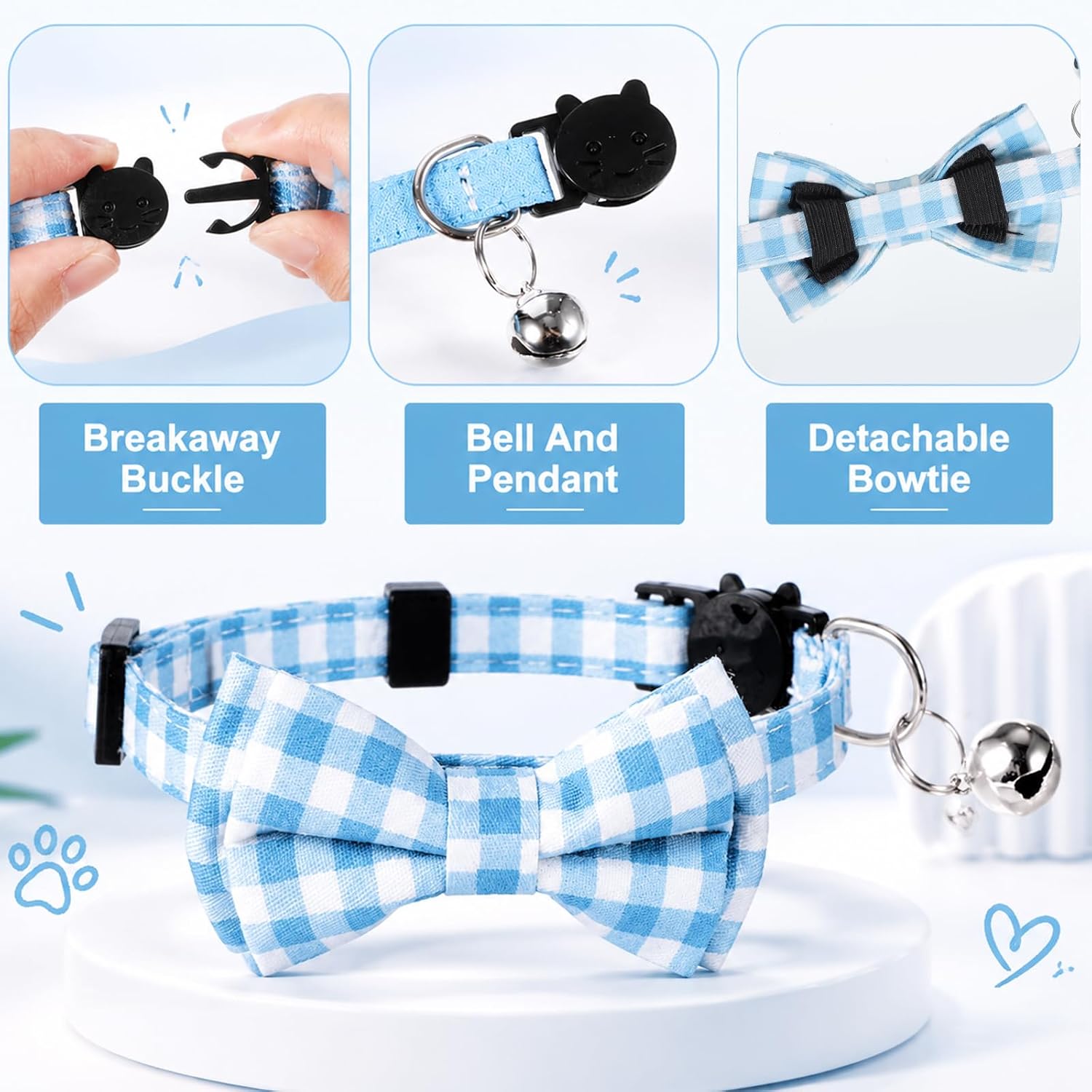 Cat Bowtie Collar Blue Kitten Collares Boy Boy Cat Collar with Cute Bow Tie and Bell Adjustable Soft Stylish Small Puppy Safety Collars for All Types of Cats - Image 7