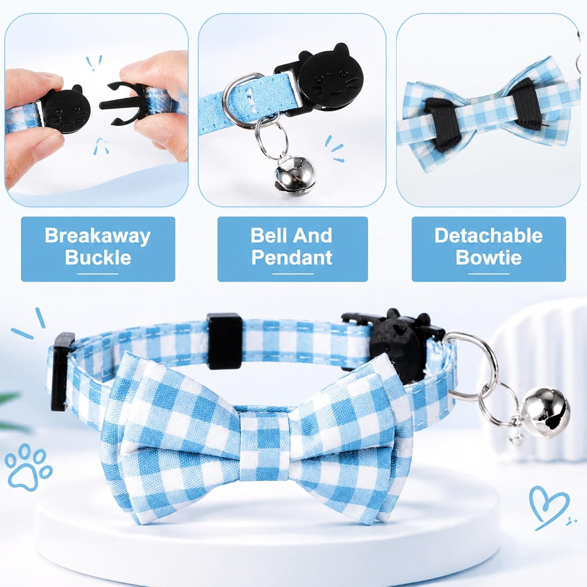 Cat Bowtie Collar Blue Kitten Collares Boy Boy Cat Collar with Cute Bow Tie and Bell Adjustable Soft Stylish Small Puppy Safety Collars for All Types of Cats - Image 7