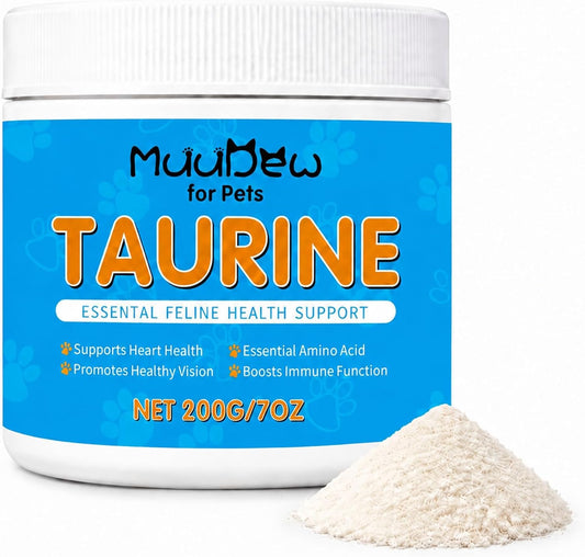 Zybeauty Taurine Powder for Cats front view of the seven ounce tub showing essential feline health benefits.