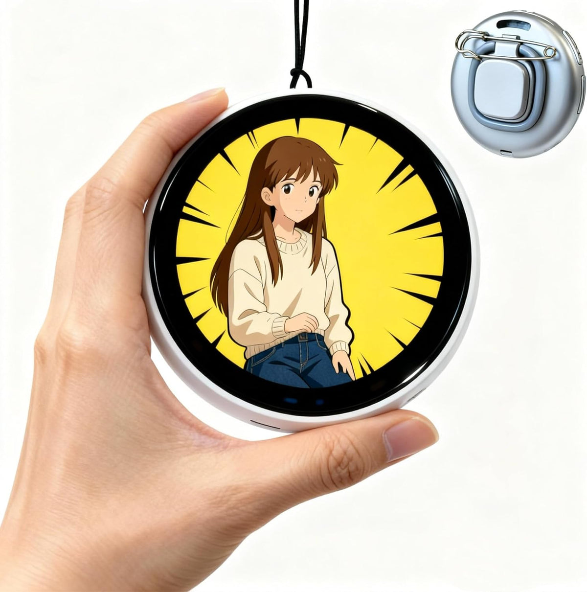 Generic Chamii Ani-Pin electronic badge front view showing a vibrant animated anime character on the LED touch screen.
