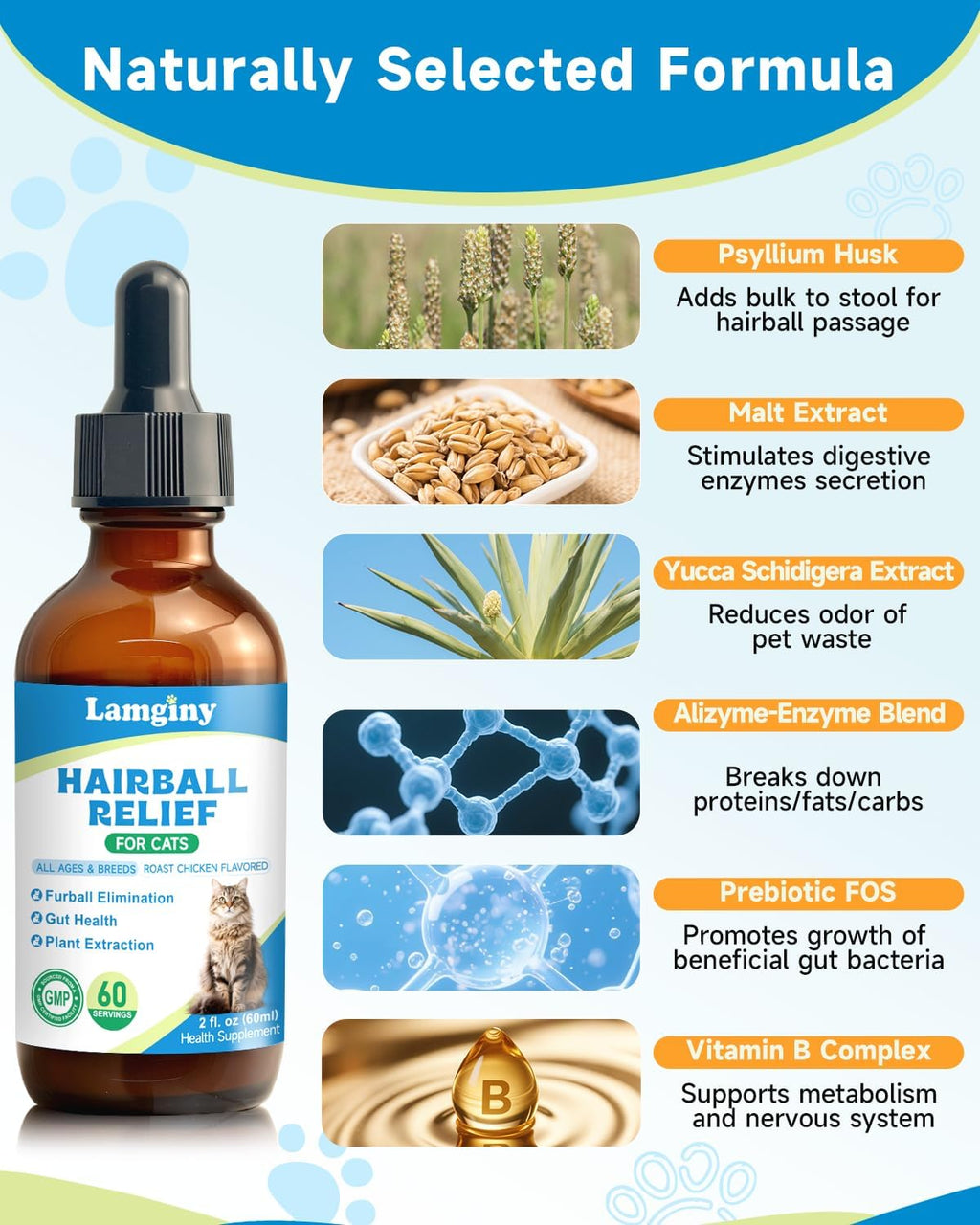 Natural fiber cat supplement with psyllium husk and pumpkin for hairball elimination