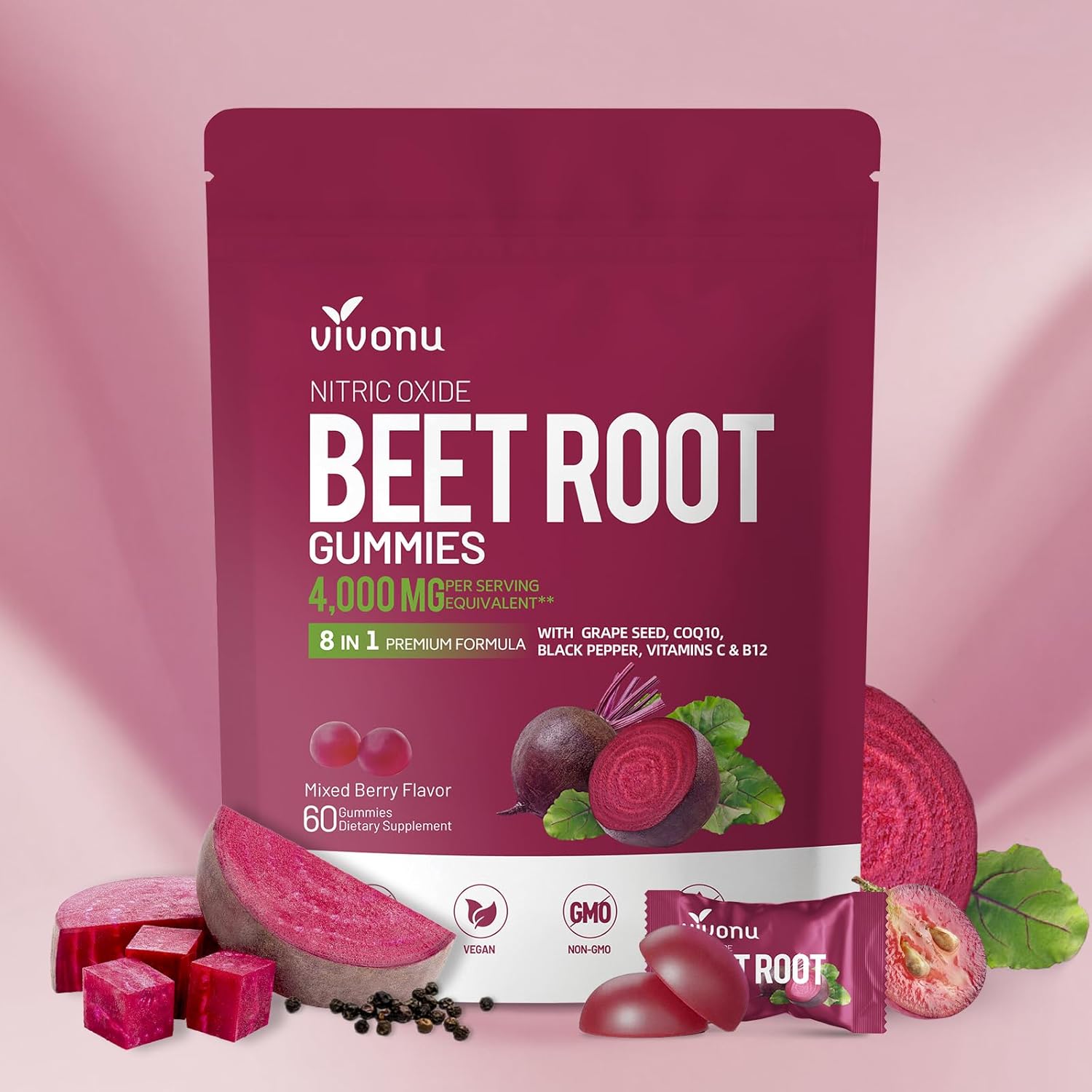 VivoNu Beet Root Gummies 8-in-1 front view package