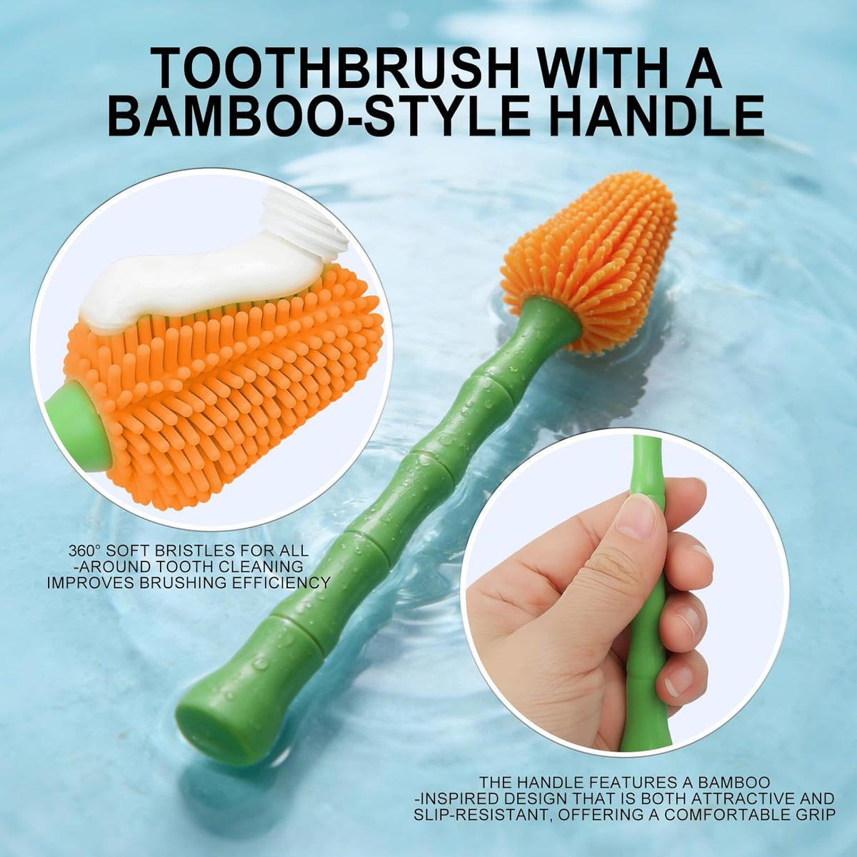 Green bamboo-shaped handle detail of dog dental cleaning tool